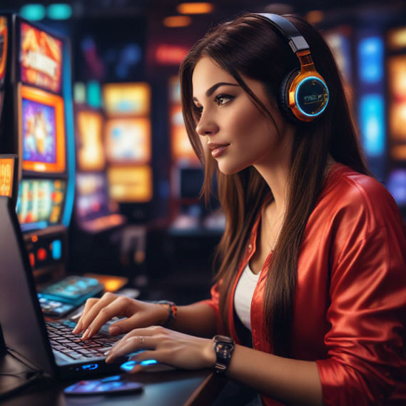 A person sits at a computer, engaged with a vibrant online slot game showcasing exciting features and high payouts.