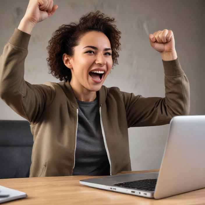 A person in front of a laptop, cheering and celebrating after a big win.