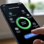 A close-up of a smartphone screen displaying a "Responsible Gaming" interface. The screen shows a prominent "SAFETY SCORE" circle with a green progress bar, surrounded by icons representing features like Biometric Authentication, AI Behavior Analysis, Blockchain, Secure Transaction Tracking, Secure Educational Content, and Immersive Content.