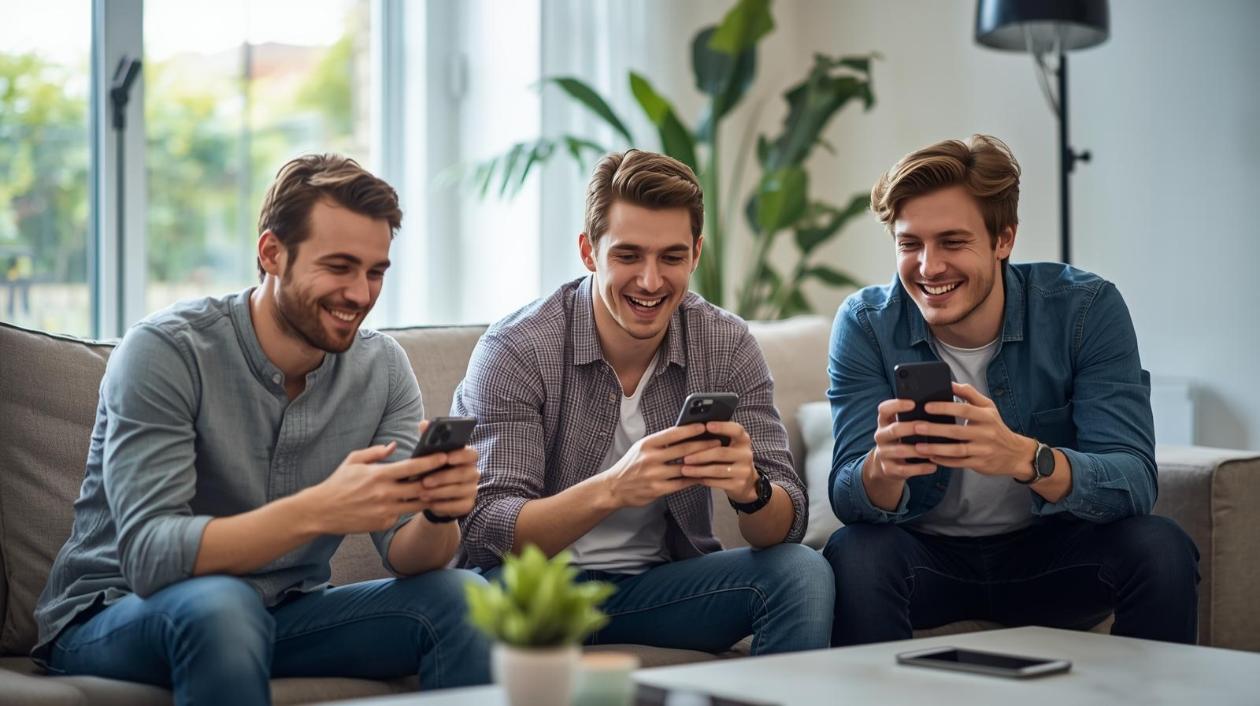 Young digital gamers enjoying online entertainment together at home using laptop and smartphone.