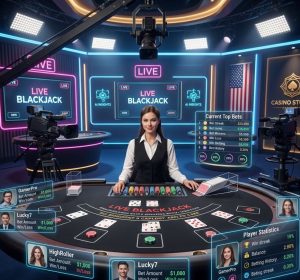 A modern live casino studio with a professional dealer at a blackjack table, multiple camera setups, bright casino lighting, and a digital interface overlay showing online player bets in real time.