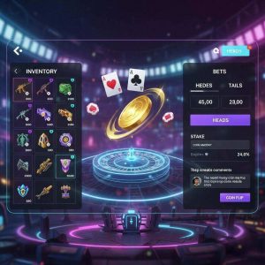A modern digital gaming interface with virtual items, coin flip gambling elements, and casino-style visuals, blending a video game environment with a sleek online betting platform design