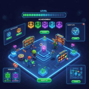 A vibrant online casino interface with game-like elements, level bars, achievement badges, animated characters, colorful UI, players interacting in a virtual gaming world, futuristic and immersive design.