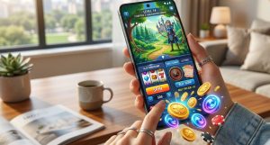A smartphone displaying a hybrid gaming app with casino elements, colorful game interface mixed with betting options, coins and virtual currency