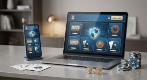 a modern online gaming platform displayed on a laptop and smartphone, featuring a clean user interface with casino games, secure login symbols, shield security icons, poker chips, dice, and playing cards on a minimalist desk